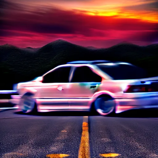 Image similar to a car drifting Toyota JZX100 in middle of road, gunma prefecture, city sunset, cinematic color, photorealistic, highly detailed, bokeh