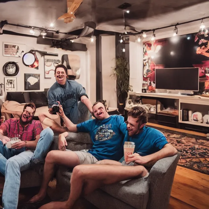 Image similar to buddies enjoy an upscale mancave on a friday night, lomography, 8 k resolution, bromance