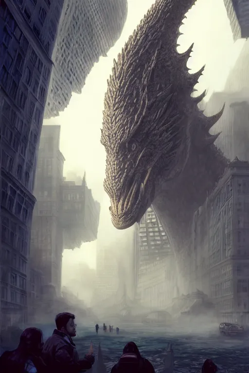 Prompt: kaiju in new york, highly detailed, d & d, volumetric fog, fantasy, highly detailed, digital painting, trending on artstation, concept art, sharp focus, illustration, global illumination, ray tracing, realistic shaded, art by artgerm and greg rutkowski and fuji choko and viktoria gavrilenko and hoang lap, sunny