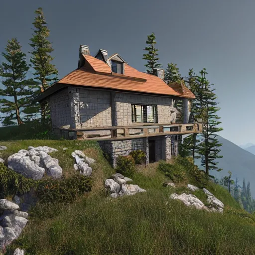 Image similar to house on the top of mountain island, unreal engine, high detail, realism, award winning, detailed lighting