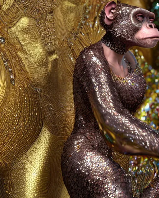 Prompt: a highly detailed metahuman 8 k close up render of a chimp renaissance in iris van herpen dress schiaparelli in diamonds crystals swarovski and jewelry iridescent in style of alphonse mucha gustav klimt trending on artstation made in unreal engine 4