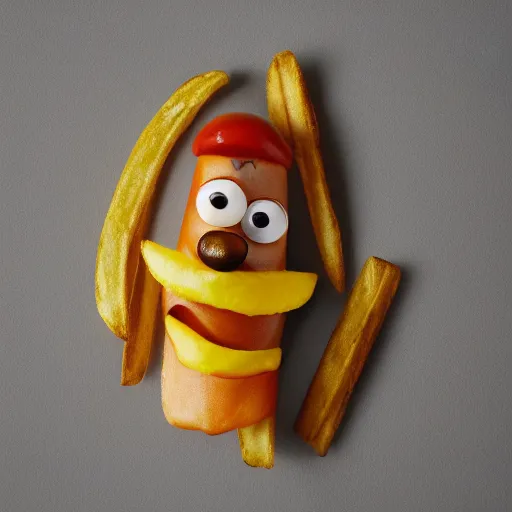 Image similar to photo of [ a single salted french fry chip ] shaped like that looks like stephen fry as a pixar character hybrid intercross mix cinematic lighting