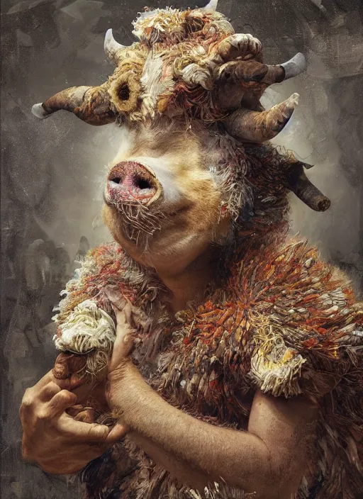 Prompt: a hyper detailed painting of a anthropomorphic joaquin phoenix as the king of animals, cow horns, pig nose, sheep wool, chicken feathers, horror, by anna podedworna, by miklos ligeti, by diego maricato, by taran fiddler, by antonino truisi, by chris reddie, on artstation