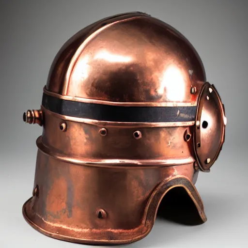 Image similar to a photo of an old copper deep diving helmet mixed with a knights helmet, royal details, ornamented, victorian, f 2. 8