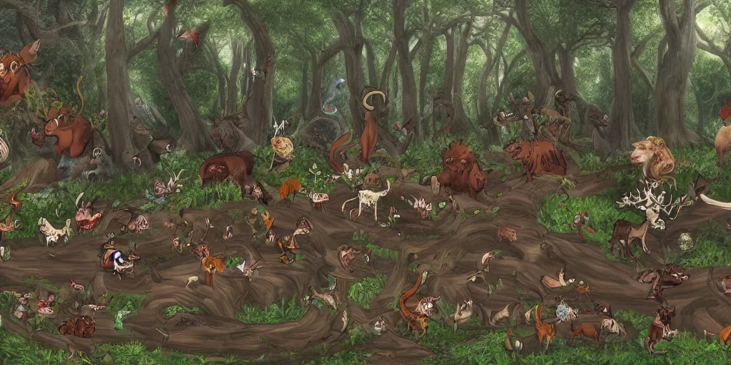 Image similar to panorama of animals in enchanted forest running away from necromancer's army