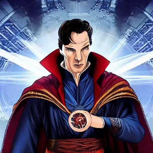 Prompt: Still of Benedict Cumberbatch as Doctor Strange with a very muscular body type, anime art, anime style