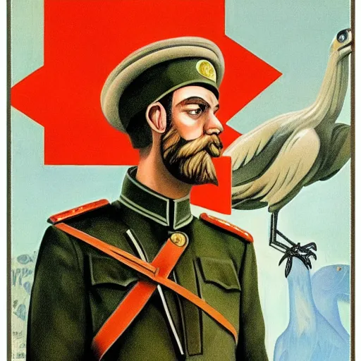 Image similar to a detailed and complex, highly detailed, concept art, soviet propaganda poster depicting a dromaius in military uniform, marxism - leninism. painting by irakli toidze,