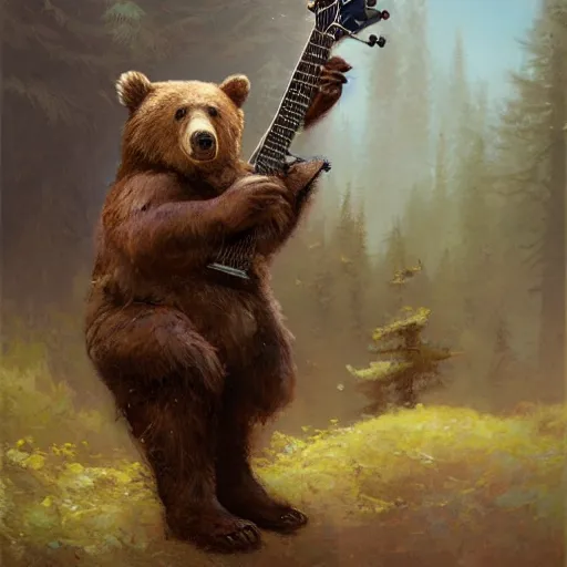 Image similar to realistic bear playing fantastic primitive forms guitar, fantasy character portrait by Greg Rutkowski, Craig Mullins, Gaston Bussiere