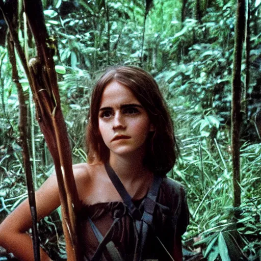 Prompt: film still, close up, portrait, emma watson soldier hiking through dense vietnam jungle, kodak ektachrome 1 9 7 3,