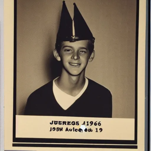 Image similar to a yearbook photo of Jughead Jones in 1966, he is wearing a hat that resembles a crown