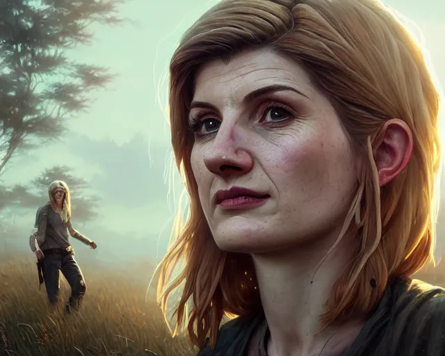 Image similar to highly detailed portrait of jodie whittaker, in the walking dead, stephen bliss, unreal engine, fantasy art by greg rutkowski, loish, rhads, ferdinand knab, makoto shinkai and lois van baarle, ilya kuvshinov, rossdraws, tom bagshaw, global illumination, radiant light, detailed and intricate environment