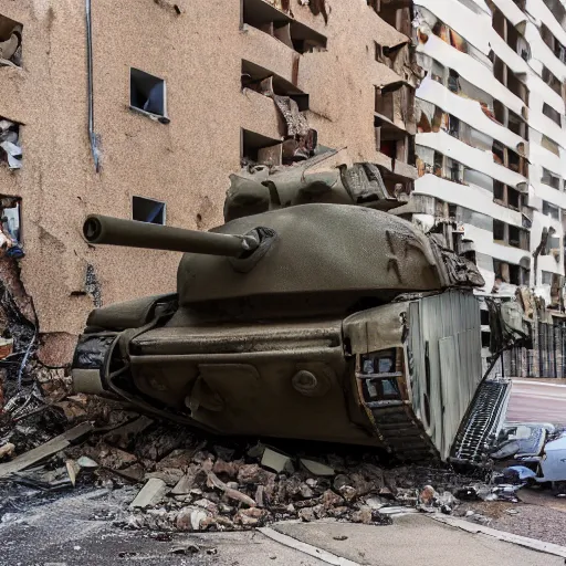 Image similar to a tank crashing through the walls of an apartment building, 4 k, high detail, high - resolution photograph, professional photography, ultra - detail