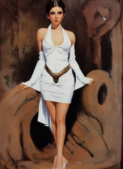 Image similar to oil painting of Princess Leia white ceremony dress torn ripped by frank frazetta alluring pin up deviant art seductive