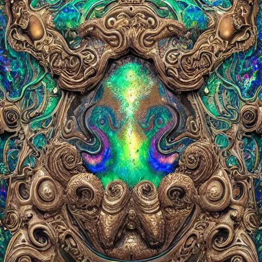 Image similar to mask, Art Nouveau cresting oil slick waves, hyperdetailed bubbles in a shiny iridescent oil slick wave, ammolite, dinosaur bone, detailed giant opalized ammonite shell, black opal, abalone, paua shell, ornate copper patina medieval ornament, rococo, organic rippling spirals, octane render, 8k 3D, druzy geode, cresting waves and seafoam, mask