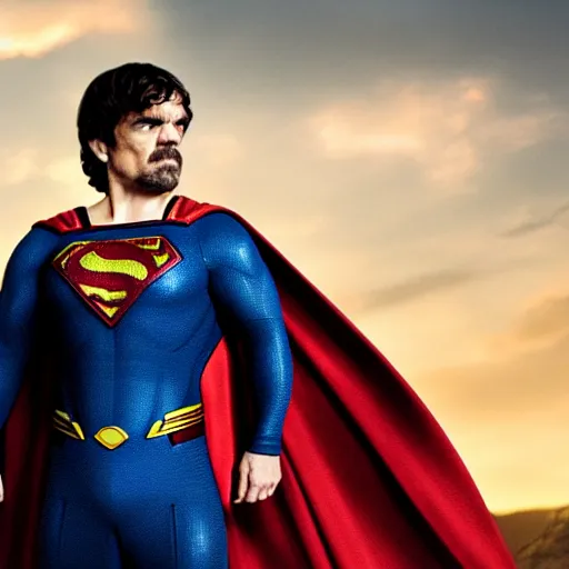 Image similar to stunning awe inspiring peter dinklage as superman, movie still 8 k hdr atmospheric lighting