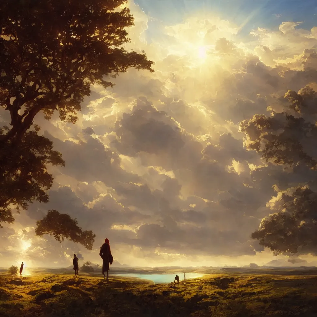 Prompt: a sending down [ of the revelation ] from him who created the earth and the lofty heavens, overdetailed art, by greg rutkowski, by rhads, sharp focus, god looking at me, a tree and river on foreground ground