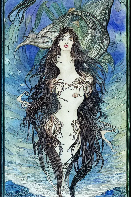 Image similar to mermaid with dark skin and long flowing hair face closeup surrounded circular frame of fish, art by luis royo and walter crane and kay nielsen, watercolor illustration, ultra sharp focus