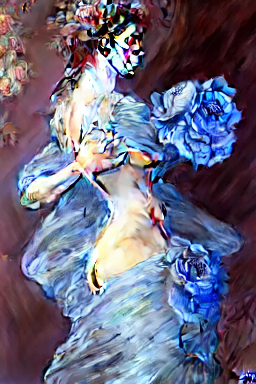 Image similar to woman dressed in a vaporous wrapped large victorian blue roses silk semi-transparent dress fashion is running D&D, fantasy, intricate, elegant, highly detailed, digital painting, artstation, concept art, matte, sharp focus, illustration, art by Artgerm and Greg Rutkowski and Alphonse Mucha