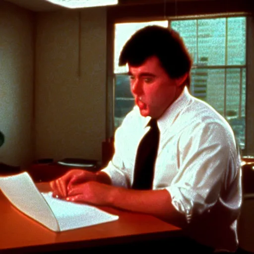 Image similar to clean - shaven chubby white man wearing a shirt and necktie sitting at a desk making a goofy face, 1 9 8 9 movie still, cinematography, cinematic lighting