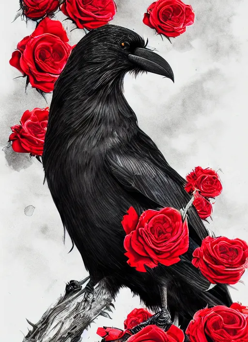 Image similar to portrait, A crow with red eyes in front of the full big moon, book cover, red roses, red white black colors, establishing shot, extremly high detail, foto realistic, cinematic lighting, pen and ink, intricate line drawings, by Yoshitaka Amano, Ruan Jia, Kentaro Miura, Artgerm, post processed, concept art, artstation, matte painting, style by eddie mendoza, raphael lacoste, alex ross