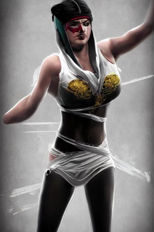 Image similar to arabian wrestling woman, cleanest posse, cleanest image without duplication, justify, parallel content, hyperrealistic anatomy body content, violet polsangi pop art, gta chinatown wars art style, sharp focus, bioshock infinite art style, incrinate, dynamic stretching, rgba color, white frame, balance proportion content