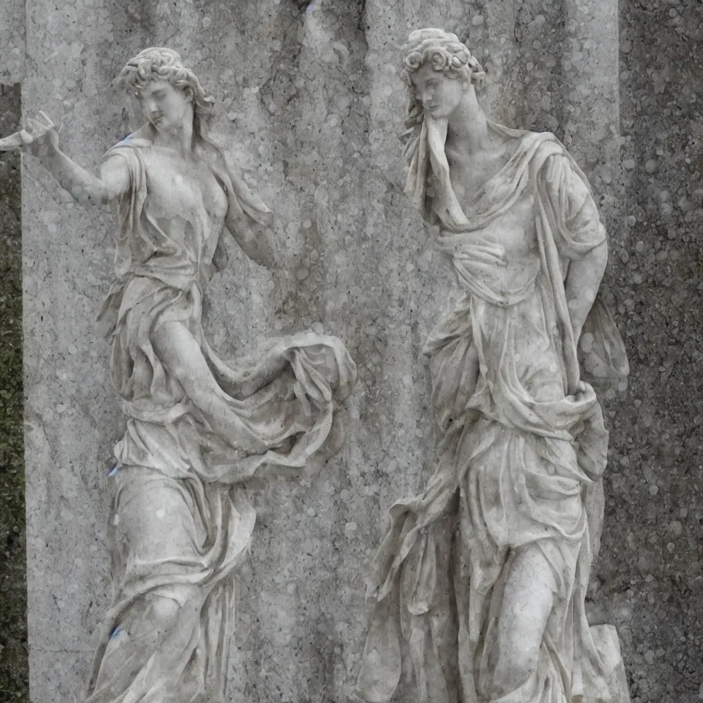 Image similar to marble statue, greek statue, anya taylor joy, queen's gambit series, foggy, rain, raindrops,