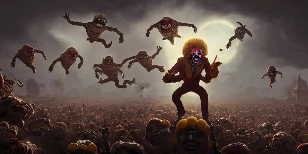 Prompt: samuel jacksons face on spongebobs body battling a horde of clown faced aliens, digital art, landscape, fantasy art, octane render, unreal engine, high detail, very realistic, by greg rutkowski. by james gurney