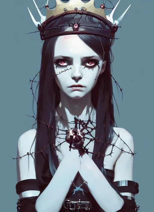 Image similar to portrait of cute goth maiden girl with crown of thorns and white short hairs, dressed in belts, warhammer, cyberpunk, by atey ghailan, by greg rutkowski, by greg tocchini, by james gilleard, by joe gb fenton, by kaethe butcher, dynamic lighting, gradient light blue, brown, blonde cream and white color in scheme, grunge aesthetic