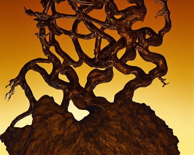 Image similar to by szukalski, by francis bacon, mystical redscale photography evocative. a beautiful carved kinetic sculpture of a gold and obsidian brutalist exploded humanoid diagram tree of evolution - like creature, standing in front of a castle atop a cliff.