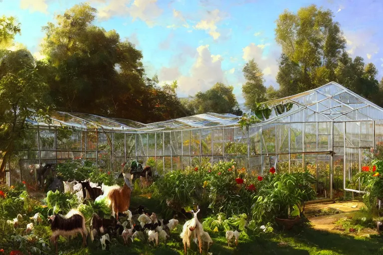 Prompt: weed greenhouse with hundreds of goats in the yard, goat farm, rococo style, greek architecture, green marble building, marijuana trees, multicolored weed leaves, dynamic lighting, landscape, artwork by jeremy lipkin and giuseppe dangelico pino and michael garmash and rob rey and greg manchess and huang guangjian and makoto shinkai, pixiv, 1 0 0 mm