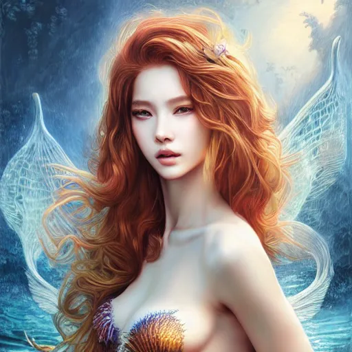 Image similar to a masterpiece ultrarealistic ultradetailed portrait of beautiful magic mermaid siren dragon lady baroque renaissance. medium shot, intricate, elegant, by stanley artgerm lau, wlop, rossdraws, andrei riabovitchev. flower background my james jeand.