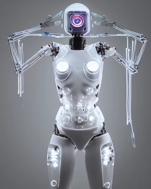 Image similar to creative photo of sensual dancer as a cyberpunk mecha humanoid robotic head shoulder parts with linear bright led lights, inside white room, ultra - realistic and detailed, 8 k