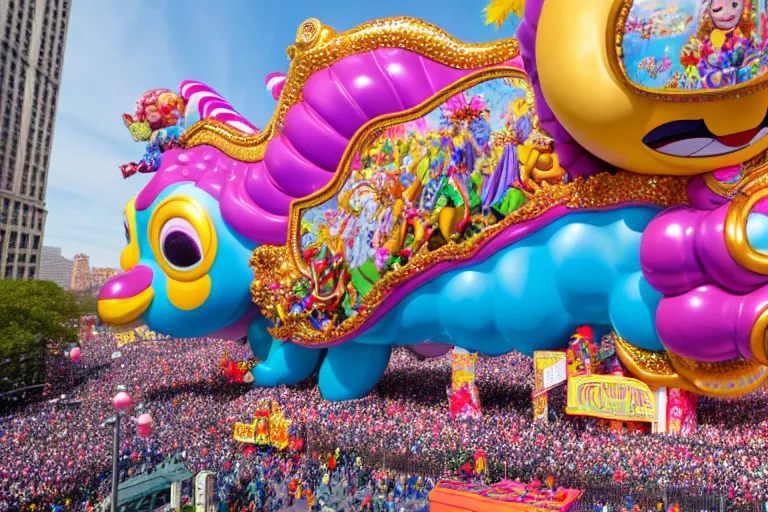 Prompt: photo of giant beautiful elaborate parade float character designed by lisa frank and geof darrow, in the macys parade, detailed 4 k photo,