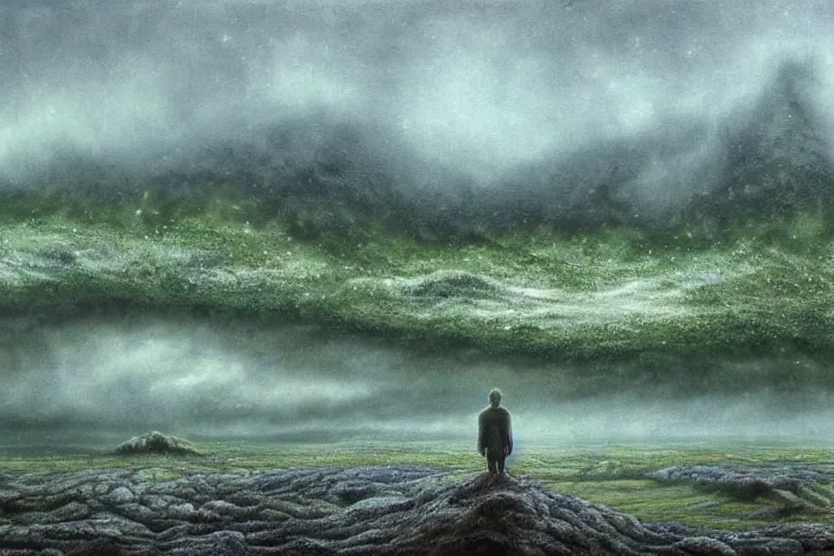 Prompt: Haunting horrifying hyperrealistic detailed painting of an ultrawide landscape showing a tall pale man sitting atop a mountain of humans in a foggy hellscape with spread out lakes of green gelatinous liquid reflective and goop, eyeballs bulging, stars in the sky, a galaxy in the sky, dystopian feel, heavy metal, disgusting, creepy, unsettling, in the style of Michael Whelan and Zdzisław Beksiński, lovecraftian, hyper detailed, trending on Artstation