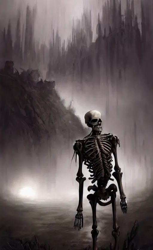 Prompt: a beautiful artwork illustration, concept art sketch of a skeleton in wrecked armor looking at the camera, volumetric fog, godrays, high contrast, high contrast, high contrast, vibrant colors, vivid colors, high saturation, by Greg Rutkowski and Jesper Ejsing and Raymond Swanland, featured on artstation, wide angle, vertical orientation