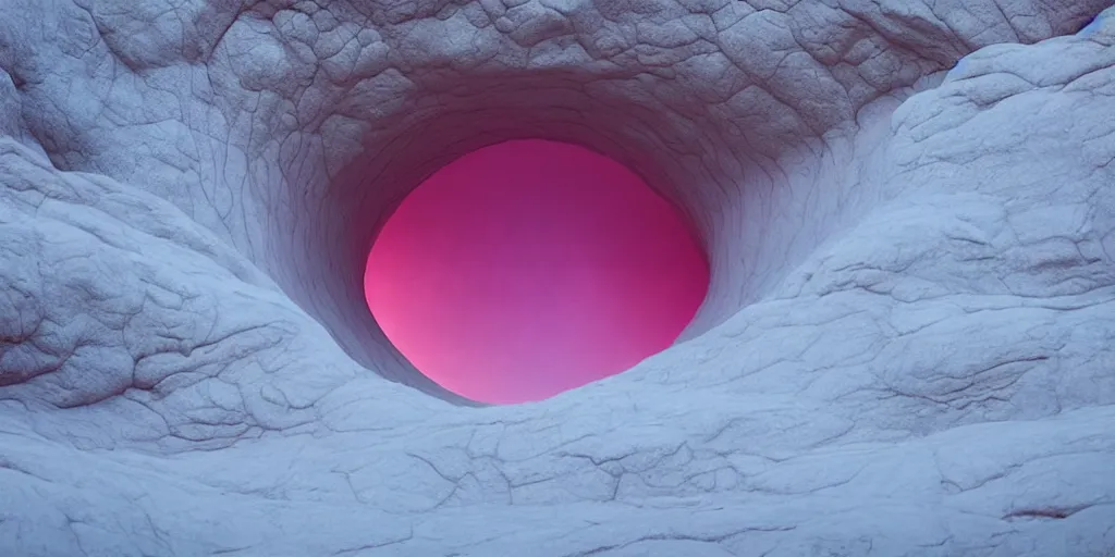 Image similar to a strange huge translucent pvc inflated organic architecture building with pink fluffy fur inside by anish kapoor sits in the rock mountains, film still from the movie directed by denis villeneuve with art direction by zdzisław beksinski, close up, telephoto lens, shallow depth of field