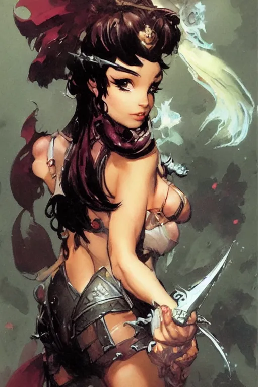 Prompt: a portrait of a cute fantasy girl by Frank Frazetta and ross tran and laura sava