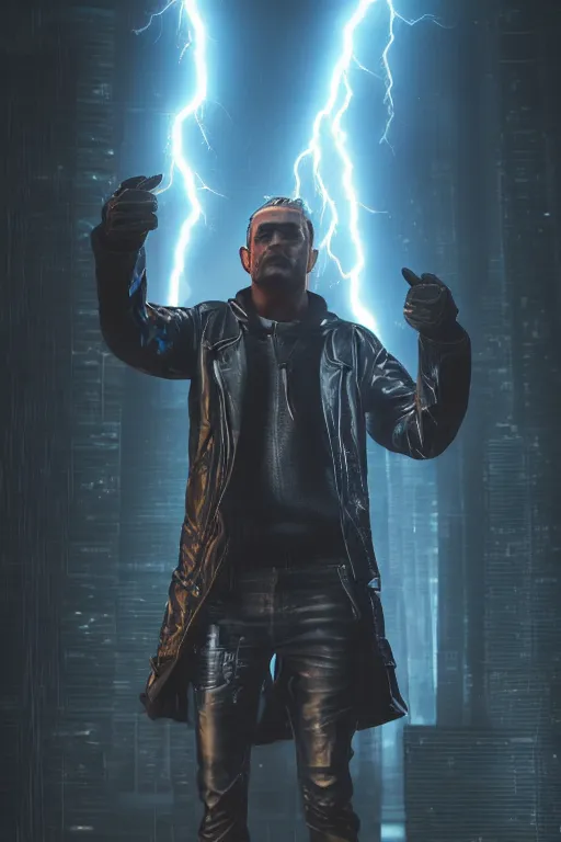 Image similar to man with lightning in his hands flying several meters above the ground with his arms crossed and with a long jacket, cyberpunk, realistic, high definition, many details, symmetrical face, realistic eyes, unreal engine art 5