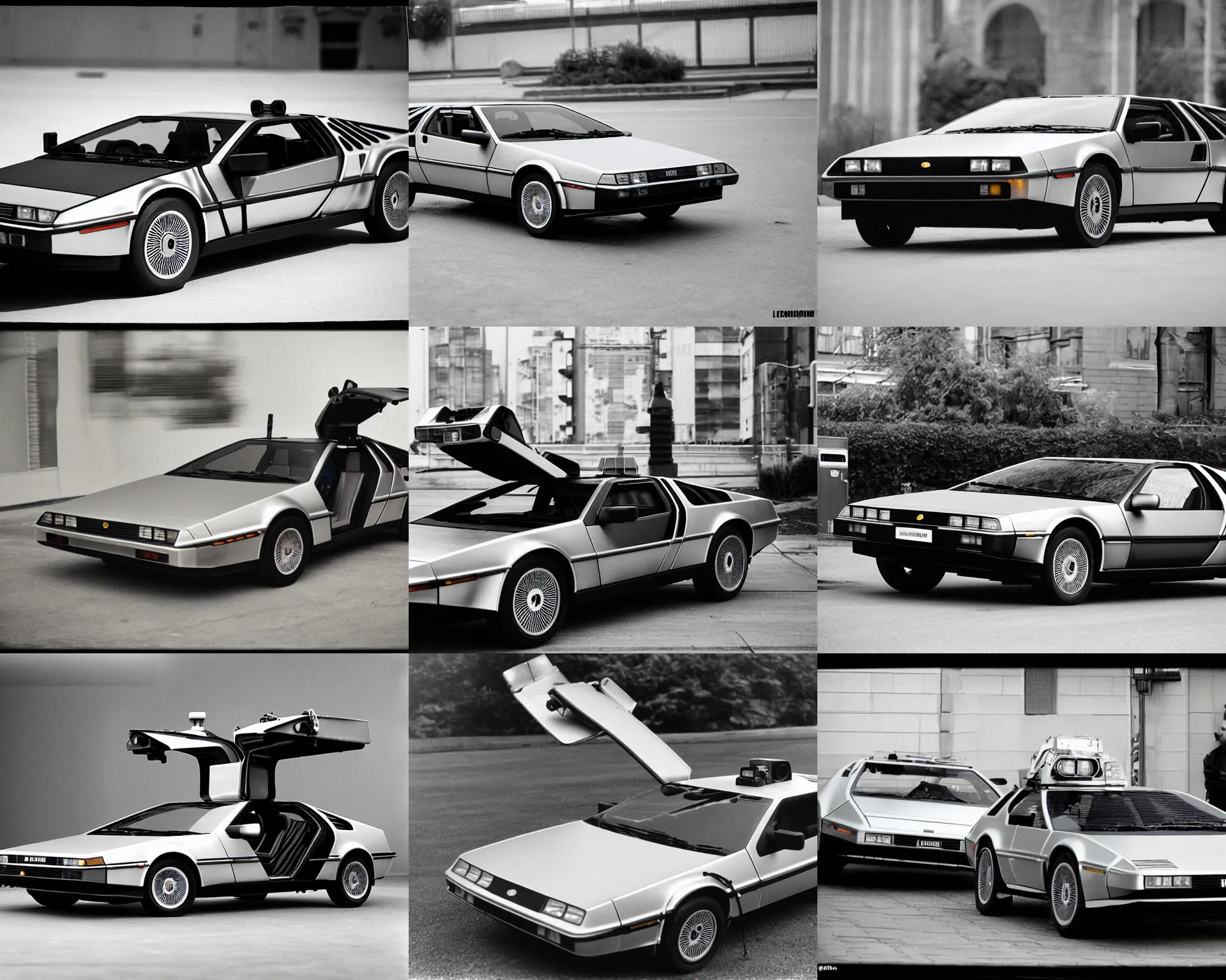 Prompt: a single delorean and lotus esprit hybrid, lomography lady grey