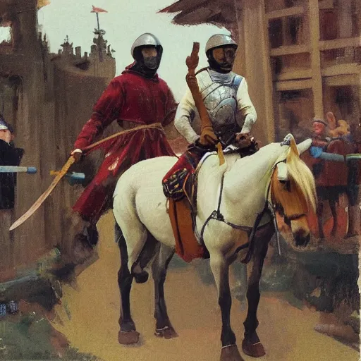 Prompt: man wearing chinmail and gambeson on horseback, holding jousting lance, horse is wearing caparisons, medieval by greg manchess, bernie fuchs, walter everett, lost edges