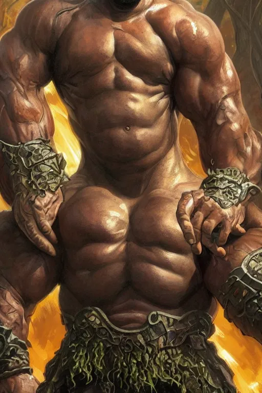 Image similar to portrait of shaquille o'neal as a hulking herculean demon, forest, godlike, full body, fantasy, intricate, elegant, highly detailed, digital painting, artstation, concept art, sharp focus, illustration, art by artgerm and greg rutkowski and alphonse mucha