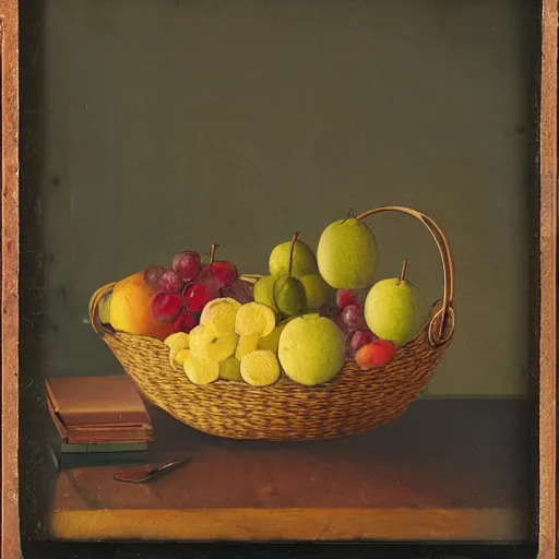 Prompt: a fruit basket on top of a kitchen table, Daguerrotype