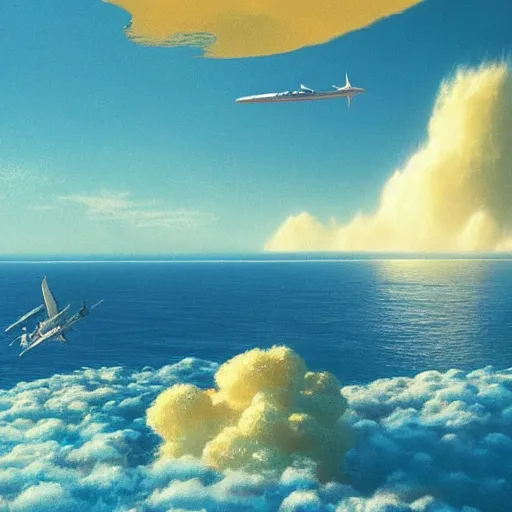 Prompt: beautiful matte painting of golden shores of a blue dreamy ocean, heavenly island in the clouds floating above the ocean, spaceship flying by, towering mountains emerging from the ocean, sci - fi, daylight, blue sky, cinematic lighting, cinematic perspective, syd mead, john harris, federico pelat