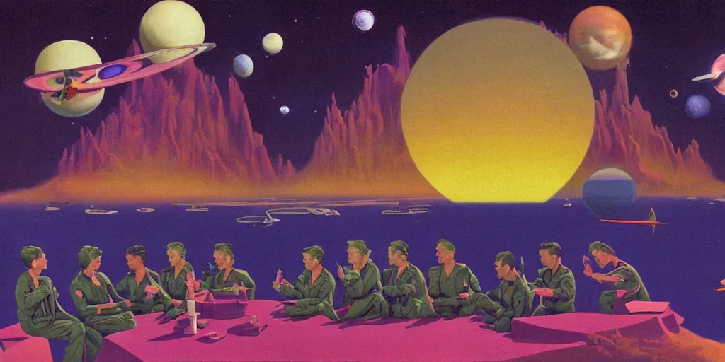Image similar to surreal painting by chesley bonestell!!, twelve astronauts sitting by the river with a big holiday cake + psychedelic vegetation + purple, pink, blue + planets and stars + mystical fog, vintage sci - fi style of the 5 0 s, rule of the third!!!!, line graphics, 8 k, super detail, high quality