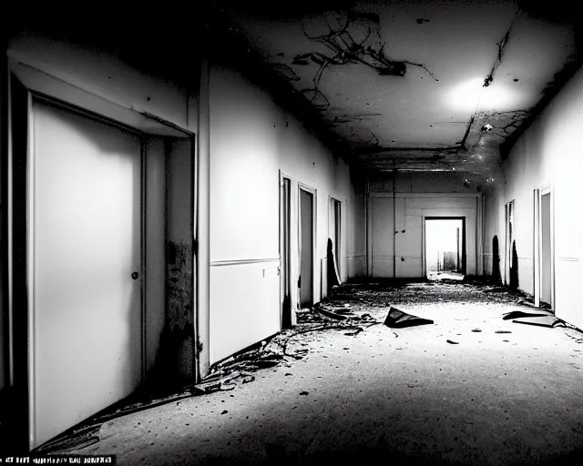 Image similar to the backrooms, the eerie forlorn atmosphere of a place that's usually bustling with people but is now abandoned and quiet, buzzing fluorescent lights above the ceiling, unsettling images, liminal space, dark, white monster standing
