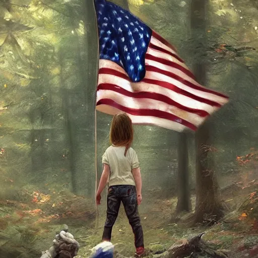 Image similar to child's hand holding a very tiny american flag in the forest, digital art by ruan jia and mandy jurgens and artgerm, highly detailed, trending on artstation, award winning