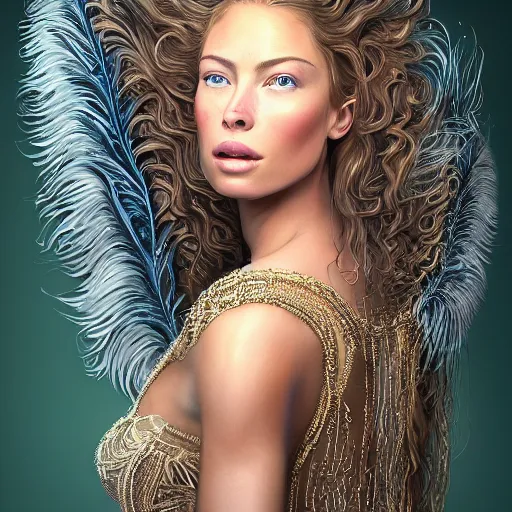 Image similar to 8 5 mm f 1. 8 portrait of a girl that is a mixture between claudia guarnierni and doutzen kroes, she is about 2 5 years old, long curly hair, she is wearing a ornate costume with feathers by iris van herpen, highly detailed, digital painting, artstation, smooth, sharp foccus, artstation hq