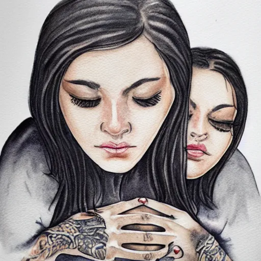 Image similar to Hot young woman, grey skin, void eyeballs, tattoos, wearing a leather jacket, hugging a shrouded person as they cry on her chest, comforting, touching, wholesome, watercolour, big sister, little brother, 4k