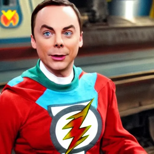 Image similar to Sheldon cooper as the flash train conductor