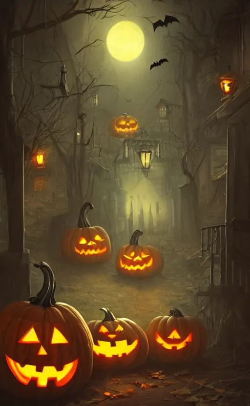 Image similar to a creepy and eery Halloween setting, with Jack o lanterns on the street and shadow figures lurking about, dynamic lighting, photorealistic fantasy concept art, stunning visuals, creative, cinematic, ultra detailed, trending on art station, spooky vibe